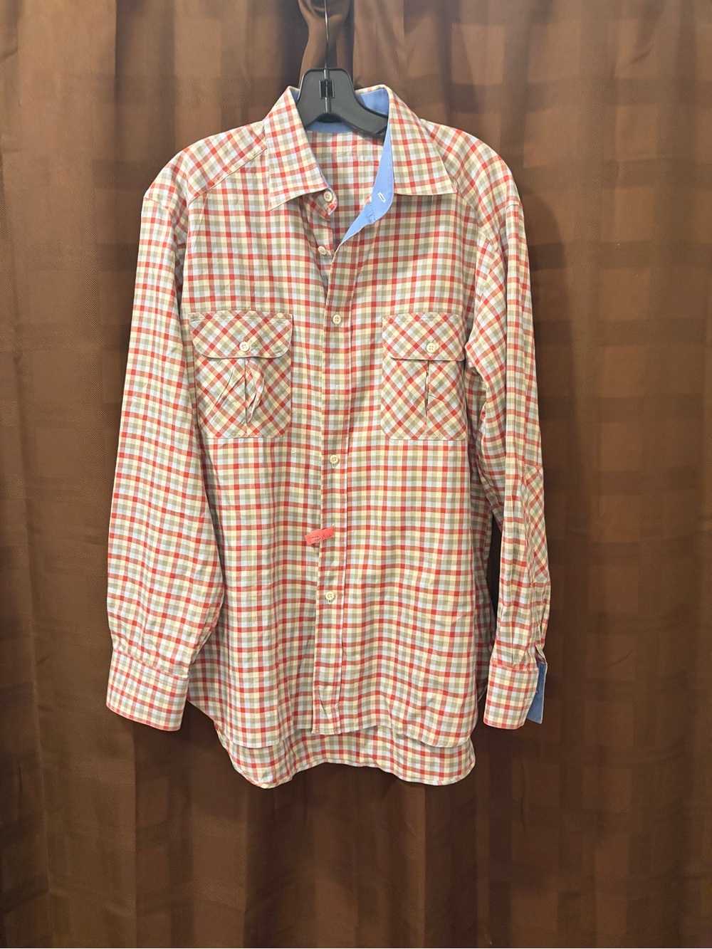 Billy Reid Mens Standard Fit Plaid Button Down Long Sleeve Double Pocket Large